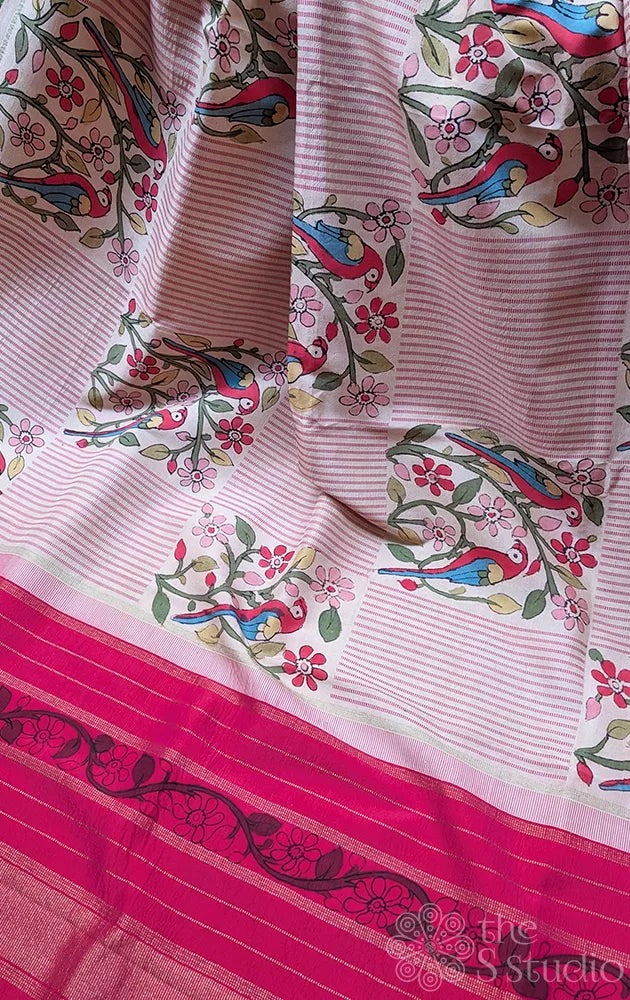 Off white kanchipuram silk saree with hand painting kalamkari in box pattern