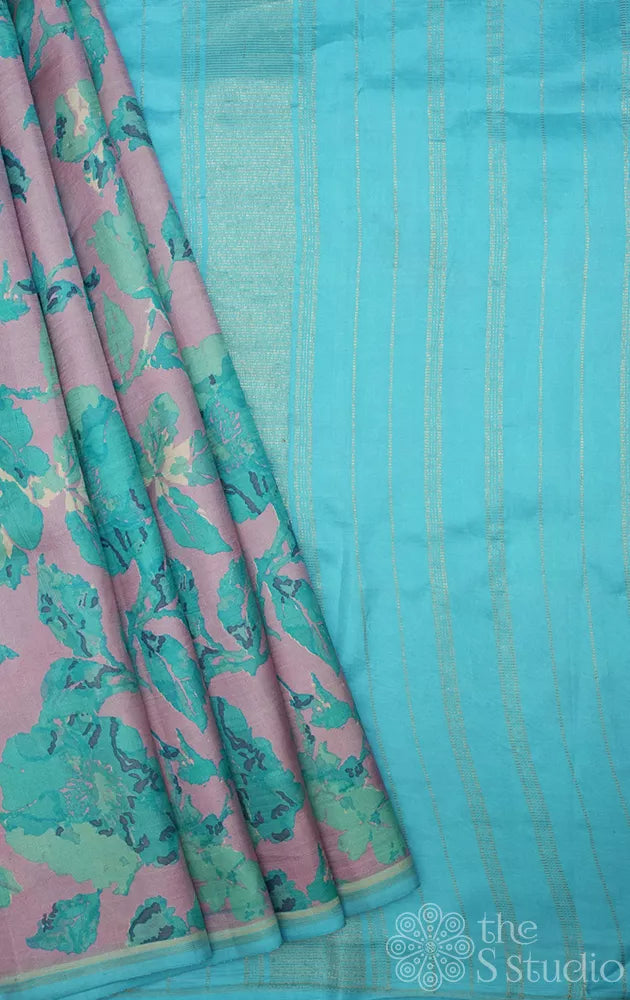 Lavender floral printed kanchipuram silk saree with contrast pallu