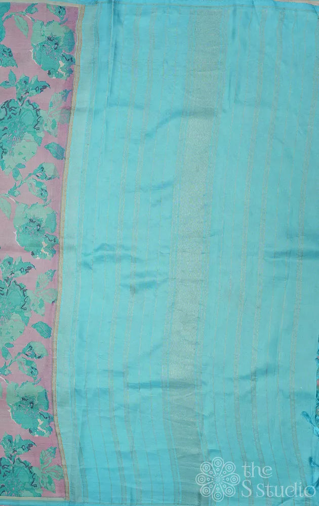 Lavender floral printed kanchipuram silk saree with contrast pallu