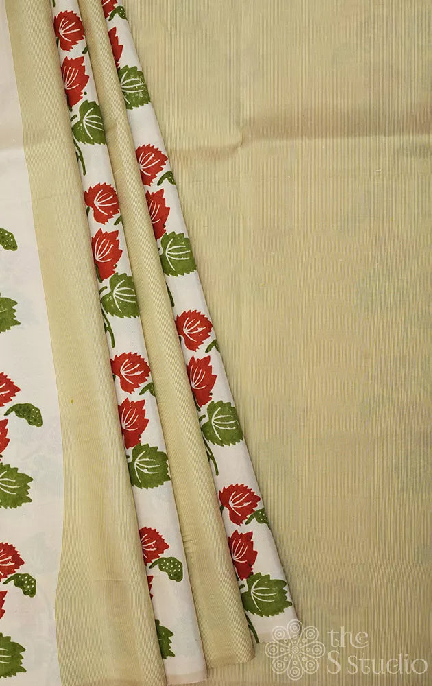 Golden beige and white kanchi silk saree with floral prints