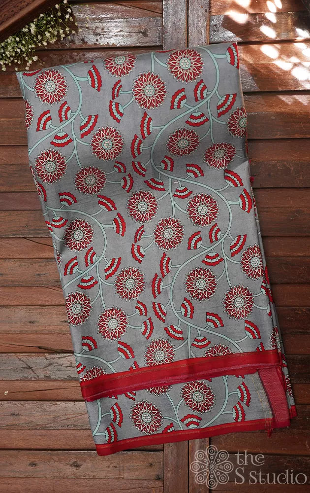 Grey printed kanjivaram silk saree with maroon zari pallu