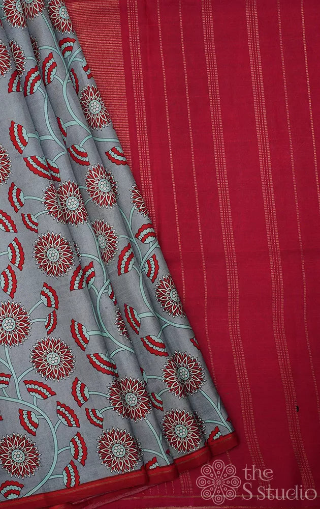 Grey printed kanjivaram silk saree with maroon zari pallu