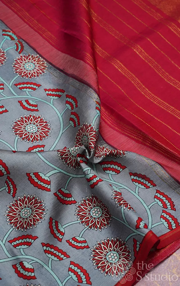 Grey printed kanjivaram silk saree with maroon zari pallu