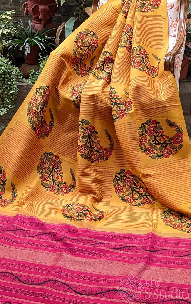 Mango yellow kanchipuram silk saree with hand painting kalamkari in box pattern