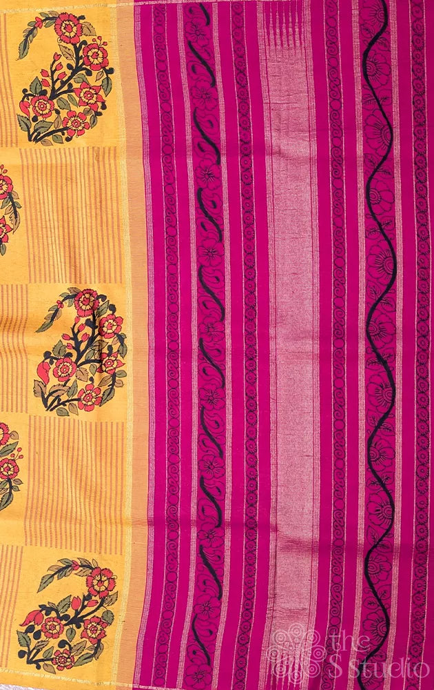 Mango yellow kanchipuram silk saree with hand painting kalamkari in box pattern