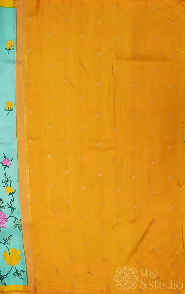Aqua blue printed kanchi pattu saree with yellow pallu