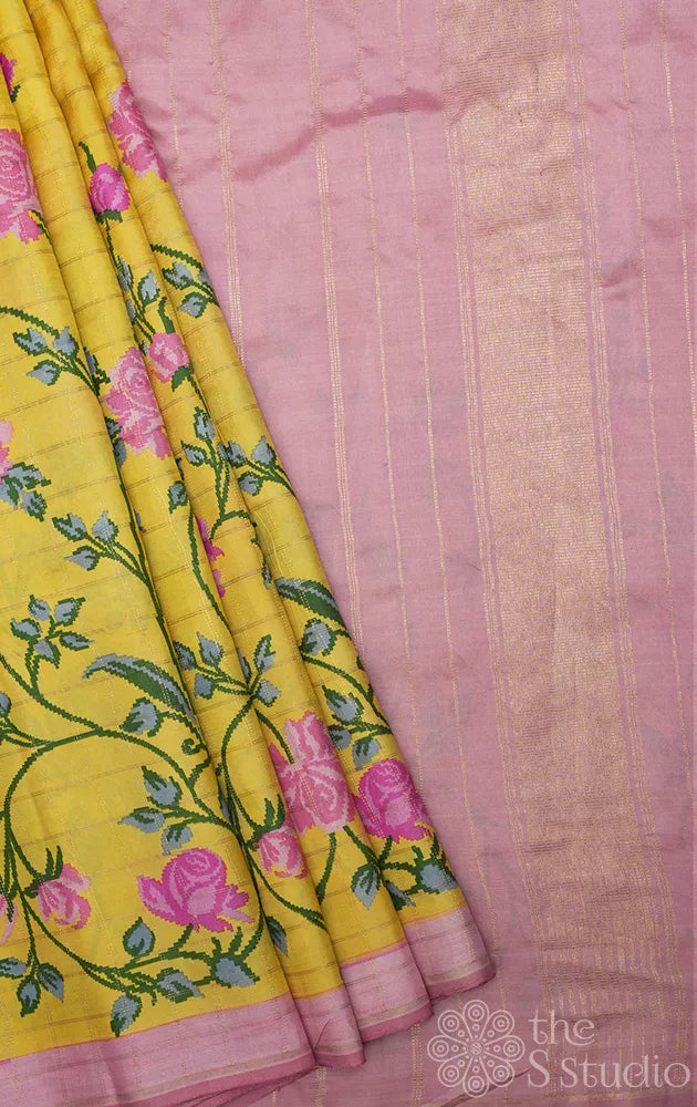 Lemon yellow printed kanjivaram silk saree with zari checks