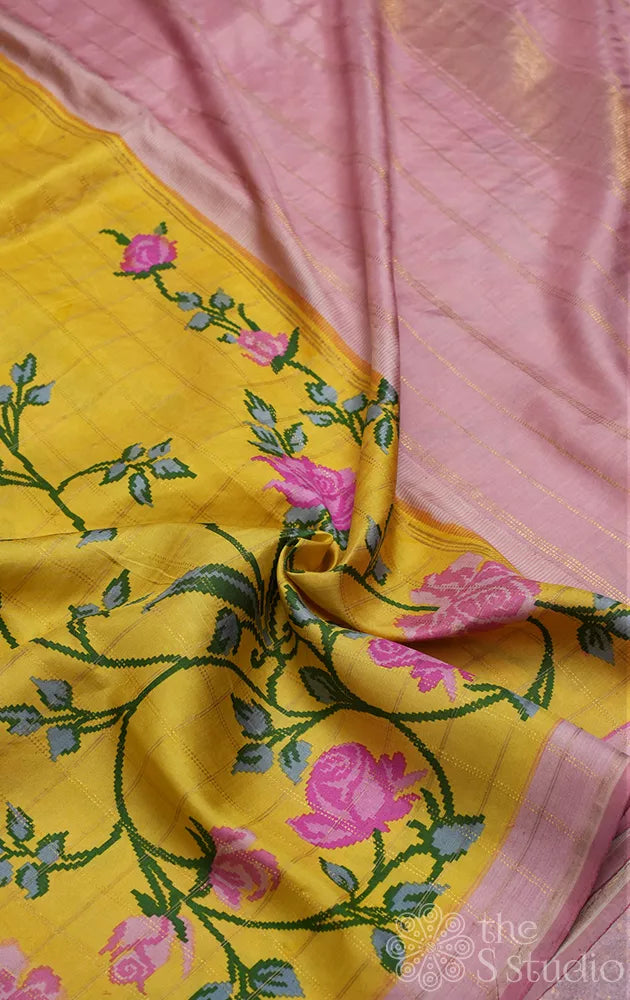 Lemon yellow printed kanjivaram silk saree with zari checks