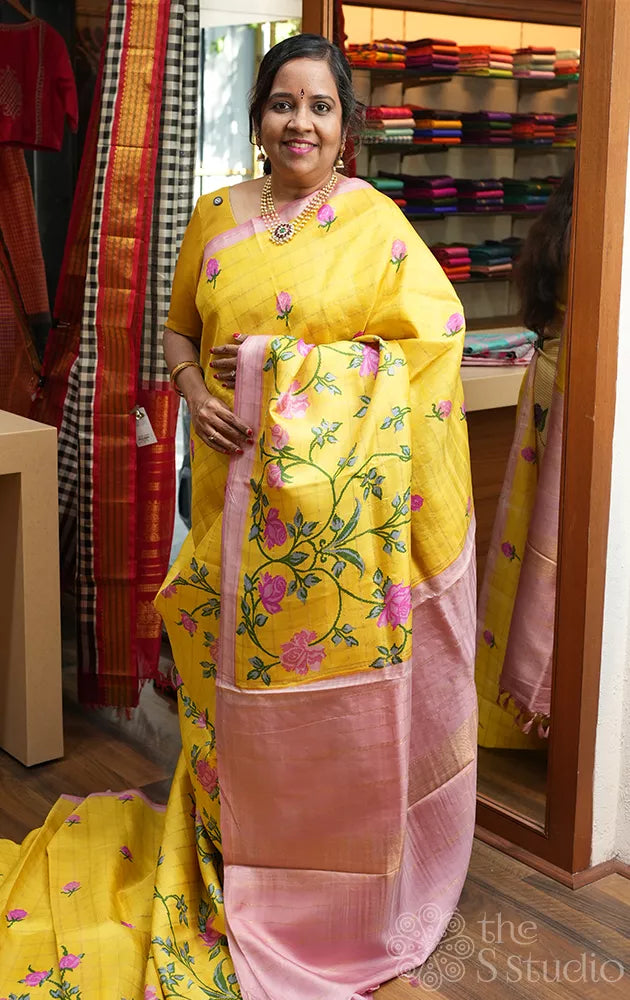 Lemon yellow printed kanjivaram silk saree with zari checks