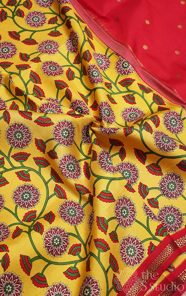 Yellow kanchipuram silk saree with floral print and red pallu