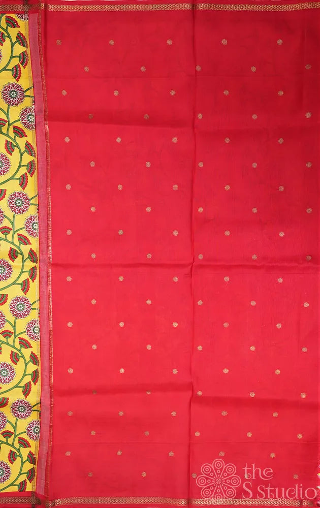 Yellow kanchipuram silk saree with floral print and red pallu