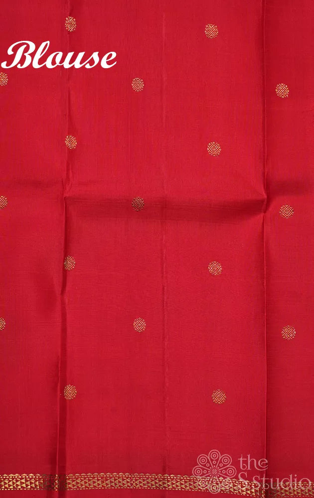Yellow kanchipuram silk saree with floral print and red pallu