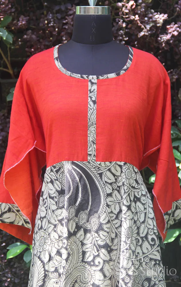 kalamkari semi stitched anarkali with ornage yoke