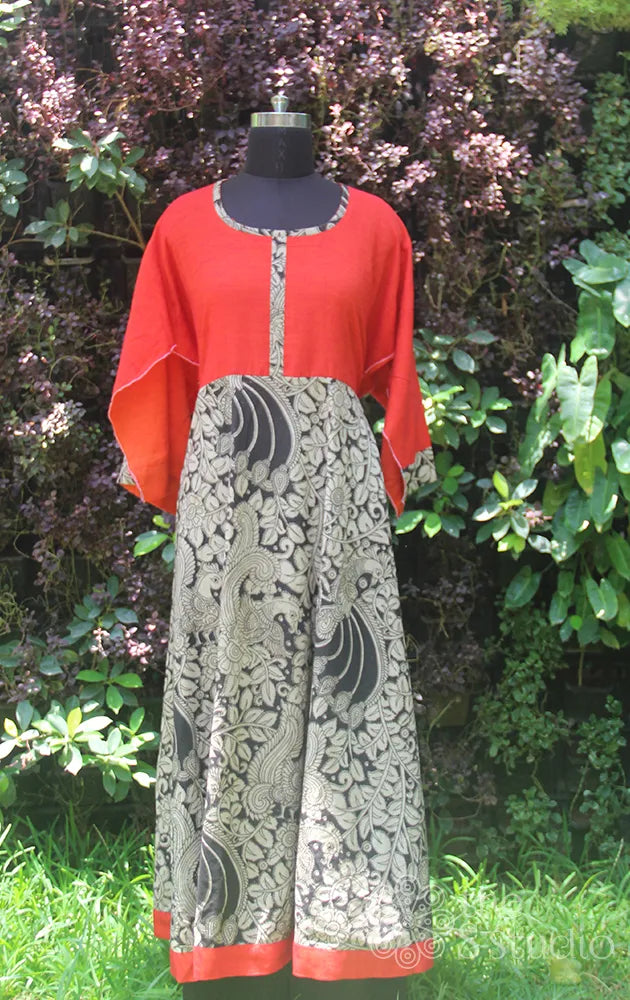 kalamkari semi stitched anarkali with ornage yoke