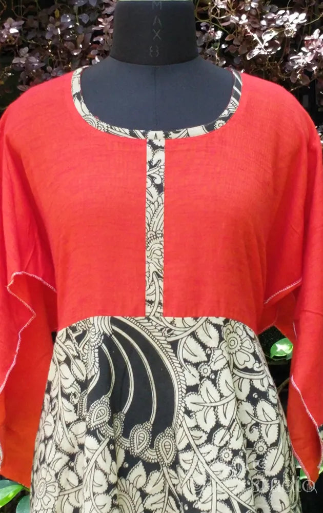 kalamkari semi stitched anarkali with ornage yoke