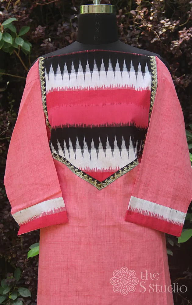 pink chanderi kurti with yoke design in ikat
