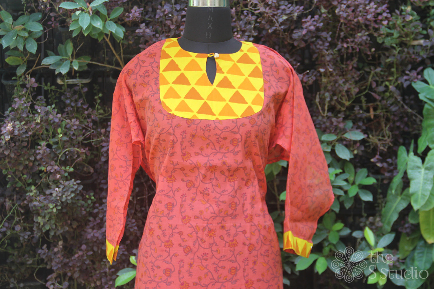 Rust chanderi semi stitched kurti with yoke pattern