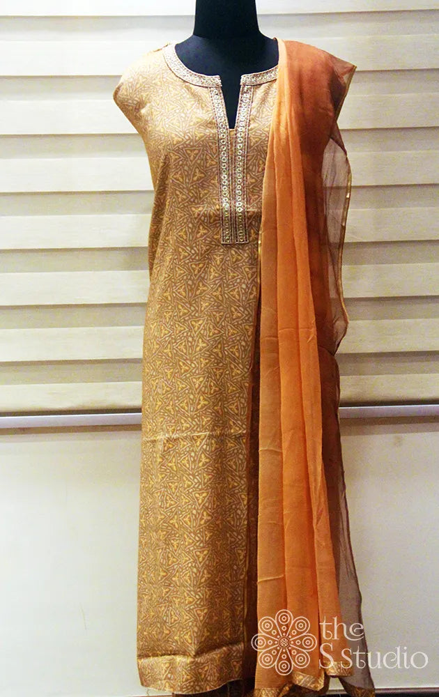 Light orange printed salwar set with embroidery