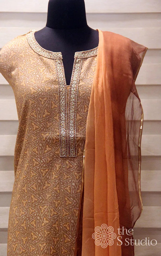 Light orange printed salwar set with embroidery