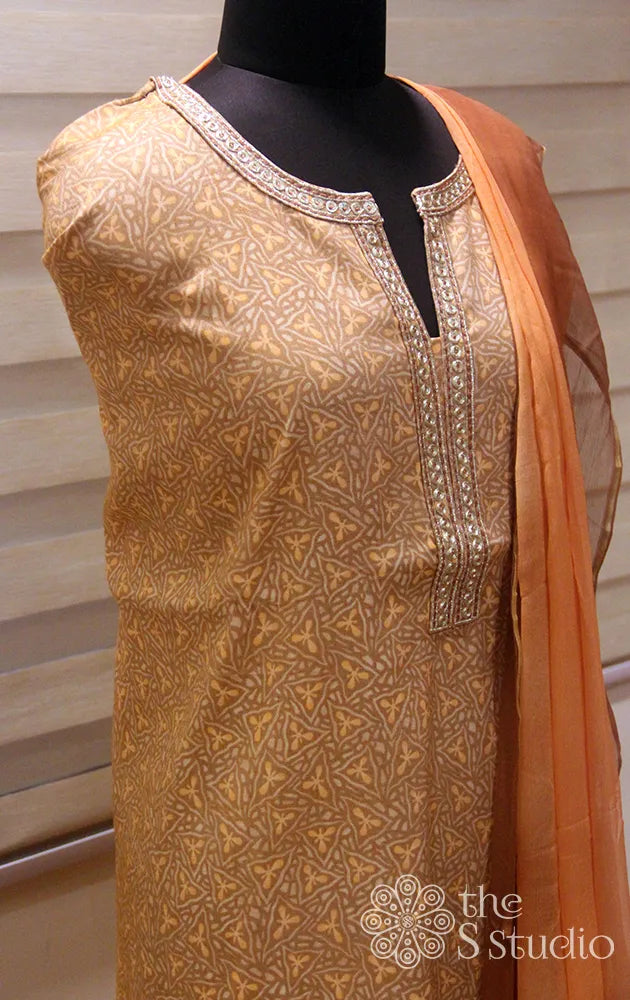 Light orange printed salwar set with embroidery