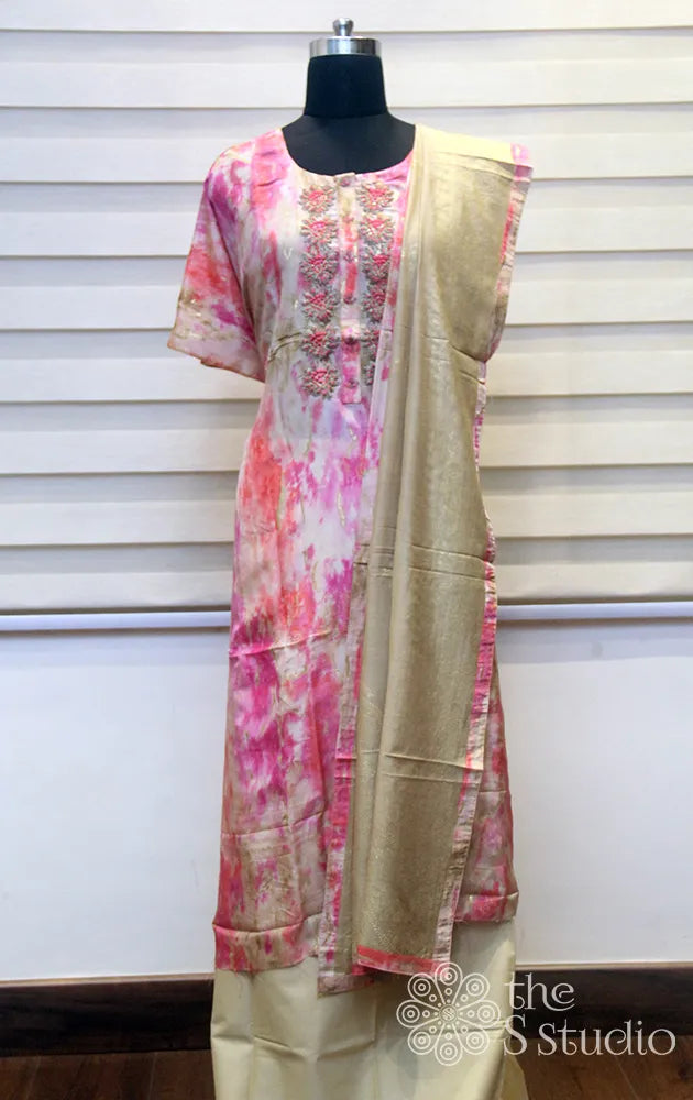 Pink shibori printed salwar set with neck embroidery