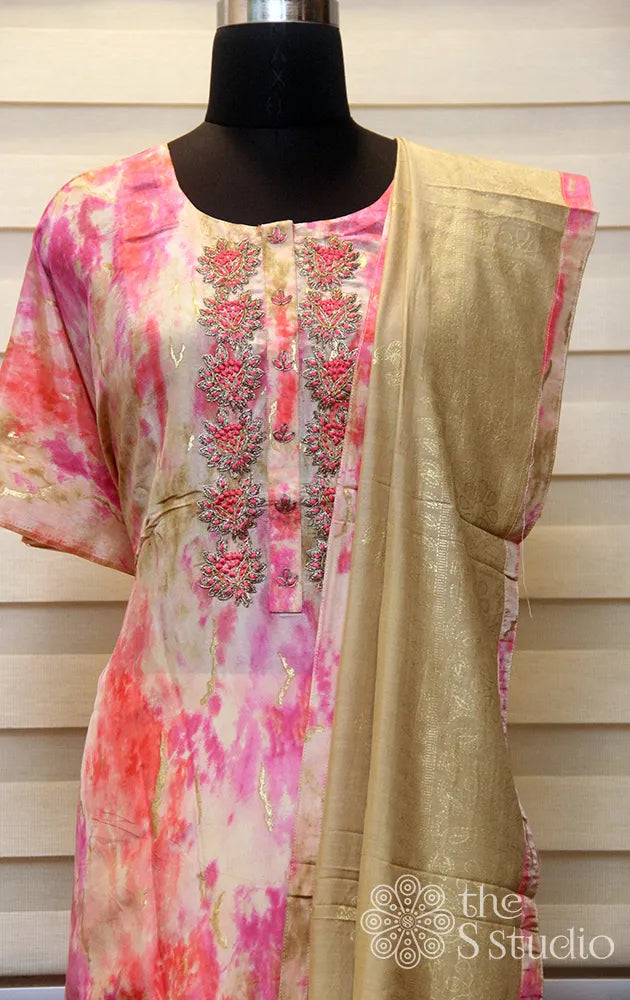 Pink shibori printed salwar set with neck embroidery