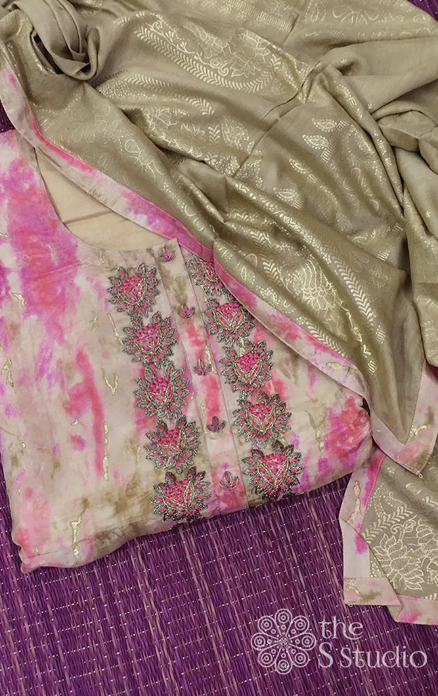 Pink shibori printed salwar set with neck embroidery