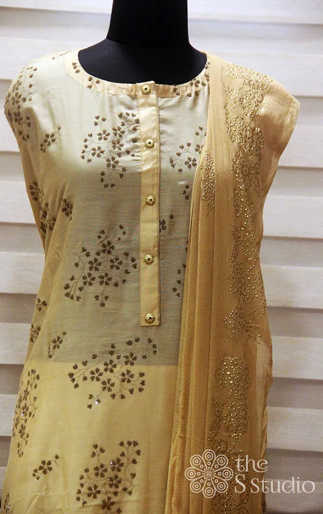Light yellow chanderi silk salwar set with embroidery