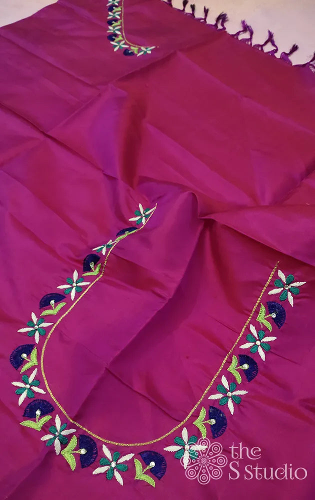 Rani pink kanchipuram silk blouse material with thread embroidery