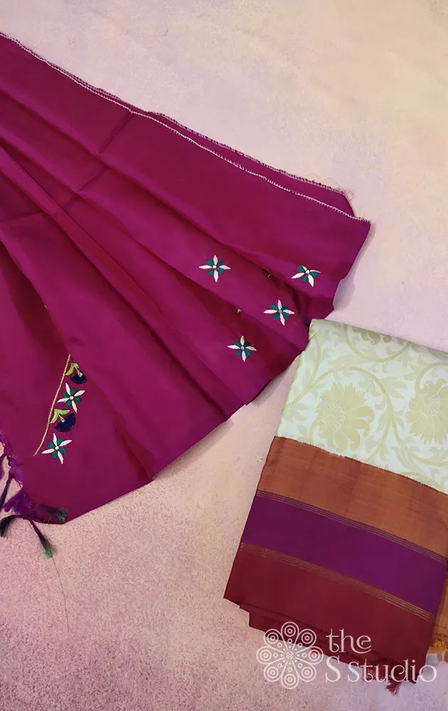 Rani pink kanchipuram silk blouse material with thread embroidery