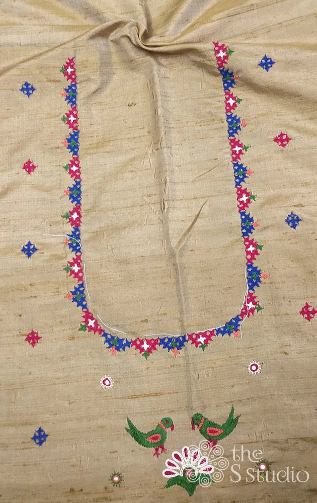 Golden Beige Semi Raw silk blouse material with Kutch embroidery