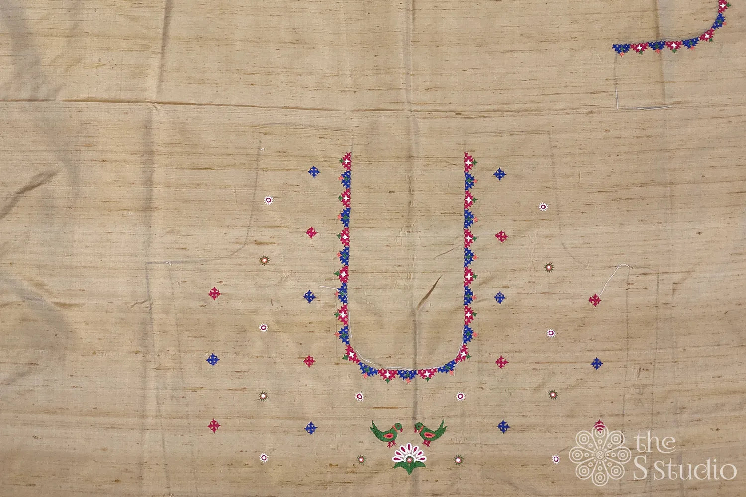 Golden Beige Semi Raw silk blouse material with Kutch embroidery