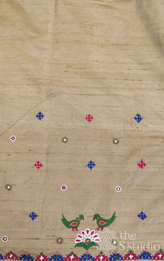 Golden Beige Semi Raw silk blouse material with Kutch embroidery