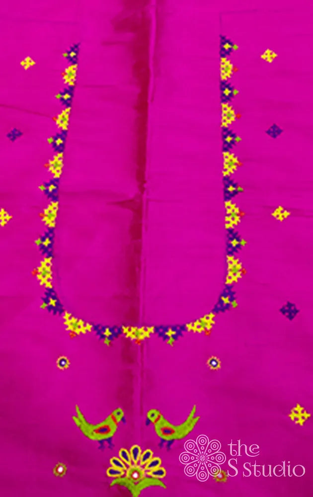 Rani Pink Raw silk blouse material with Rabari Hand embroidery