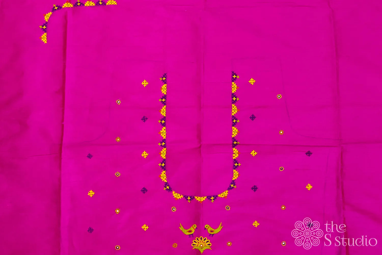 Rani Pink Raw silk blouse material with Rabari Hand embroidery