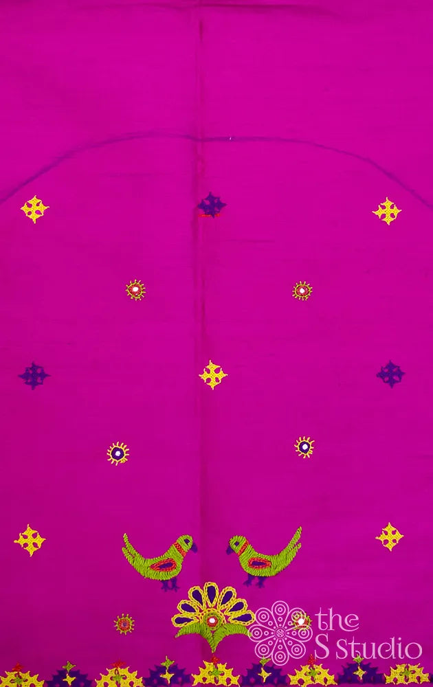 Rani Pink Raw silk blouse material with Rabari Hand embroidery