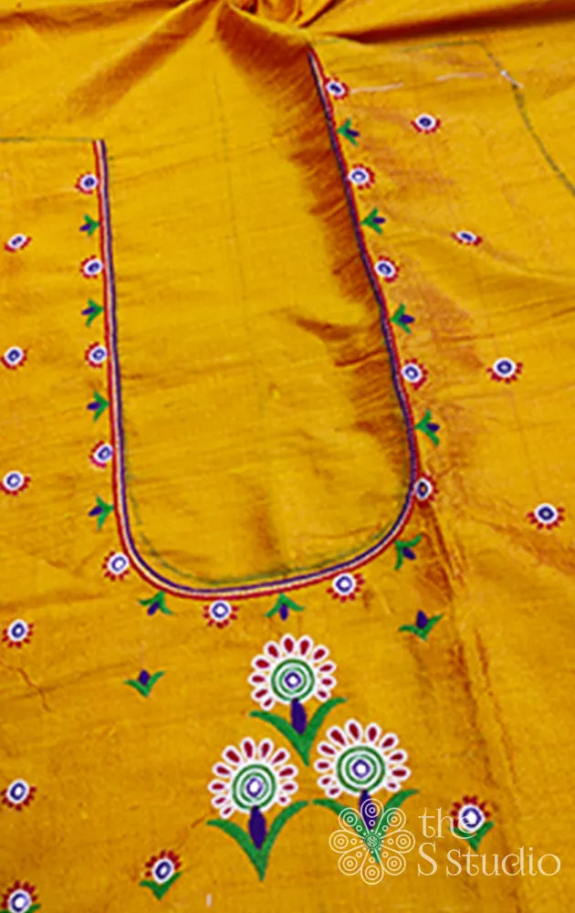 Kutch embroidered mustard raw silk blouse material