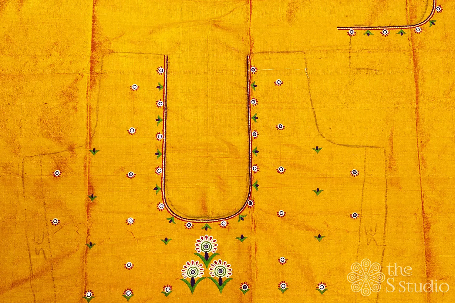 Kutch embroidered mustard raw silk blouse material