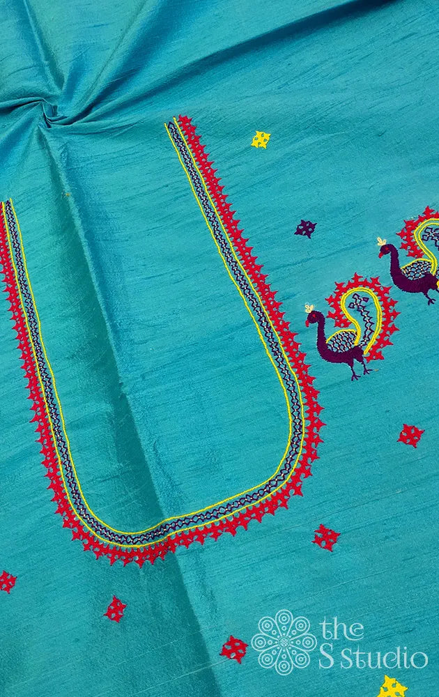 Light Blue Raw silk Blouse material with kutch embroidery