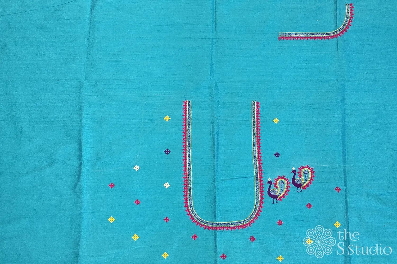 Light Blue Raw silk Blouse material with kutch embroidery