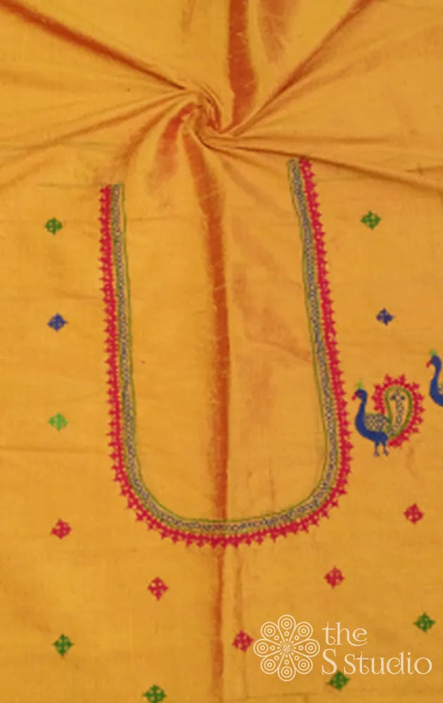 Mustard Raw silk blouse material with Rabari kutch Hand embroidery