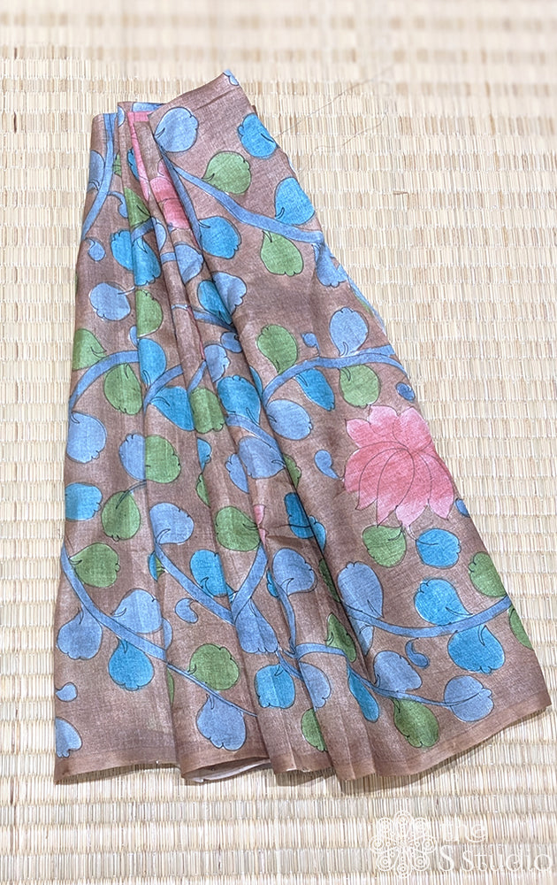 Brown handpainted kalamkari tussar silk fabric with multi colors