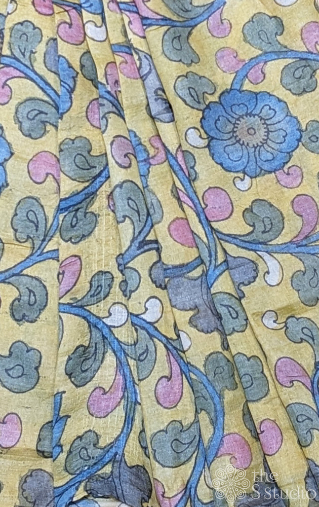 Mustard tussar handpainted pen kalamkari material