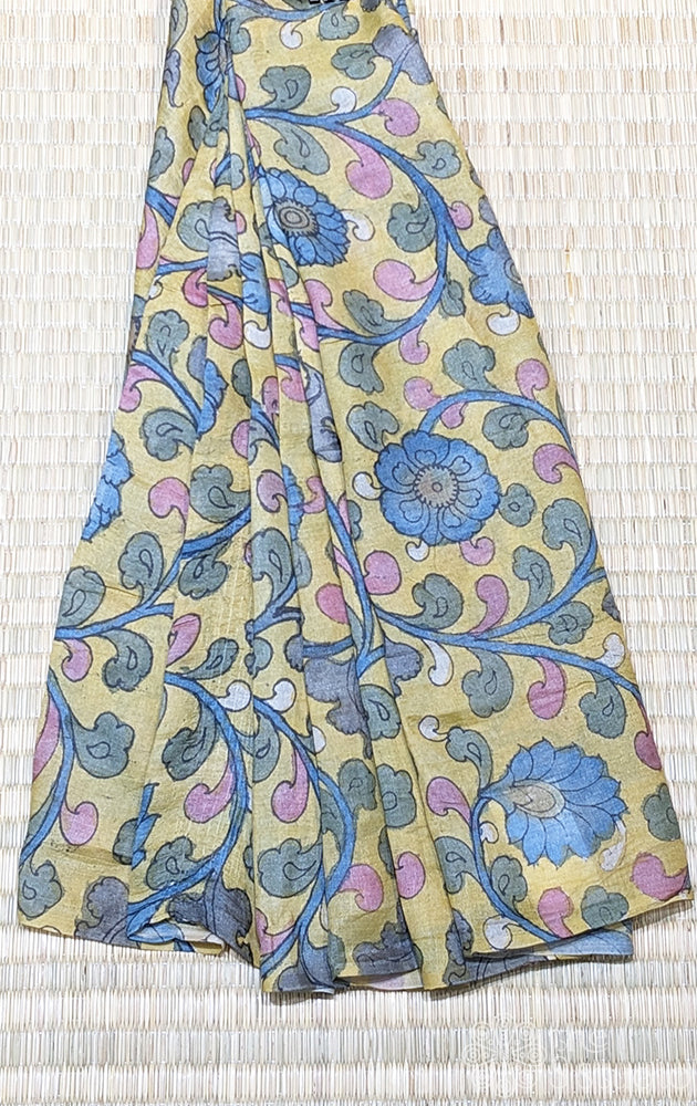 Mustard tussar handpainted pen kalamkari material