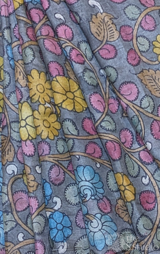 Grey tussar silk with handpainted pen kalamkari work