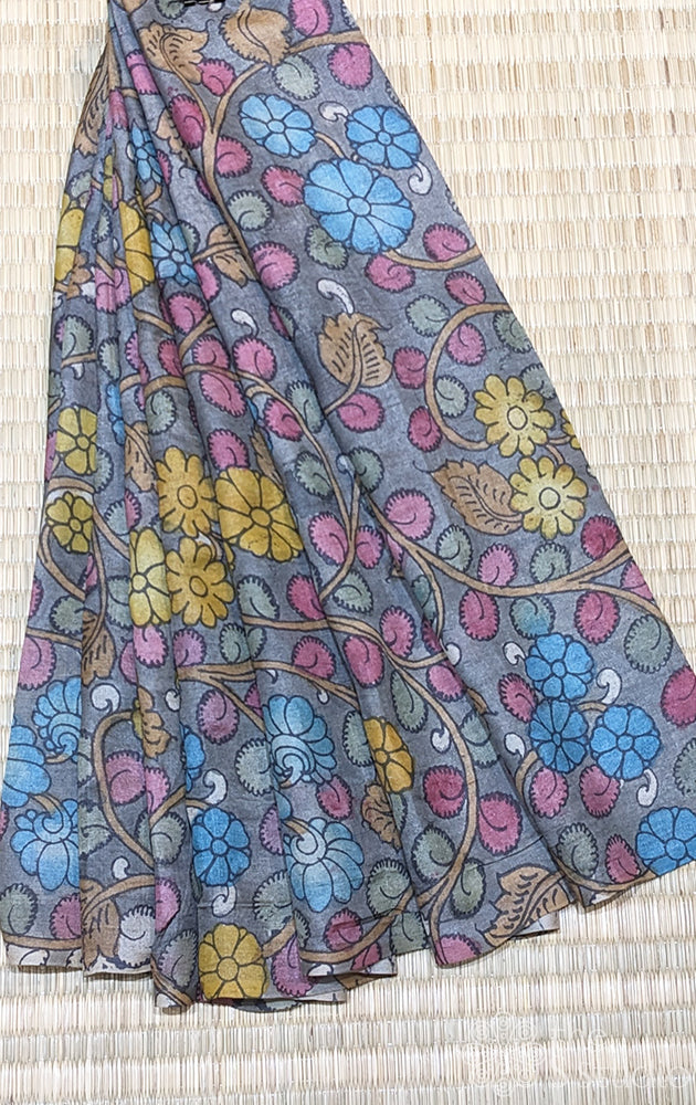 Grey tussar silk with handpainted pen kalamkari work