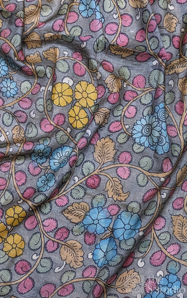 Grey tussar silk with handpainted pen kalamkari work