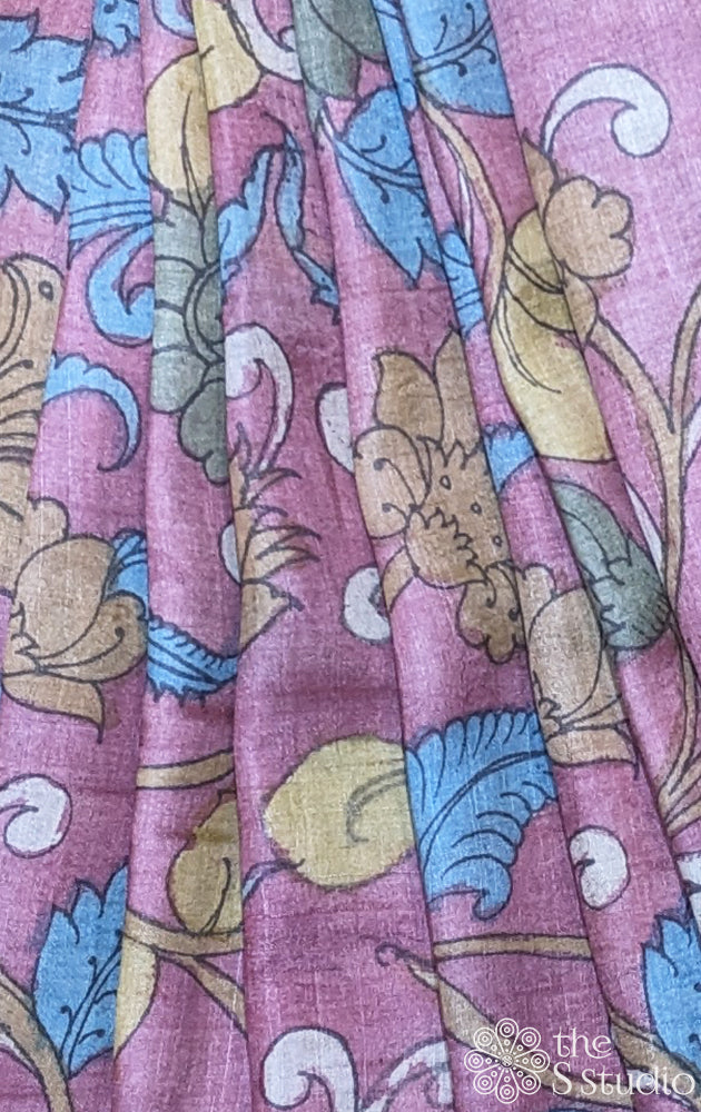 Pink tussar handpainted pen kalamkari material