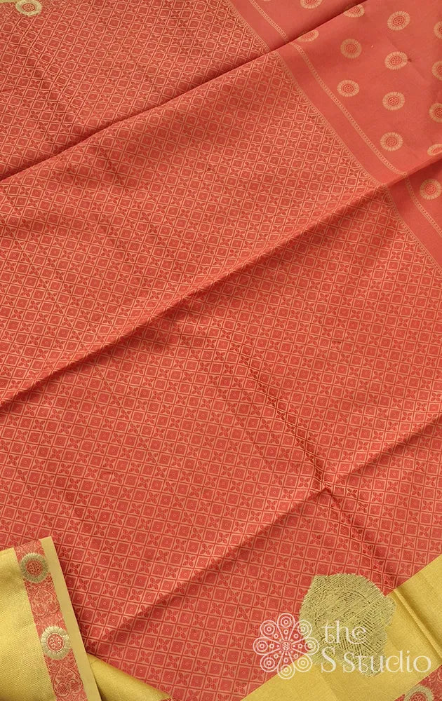 Rust semi kora silk saree with yellow border
