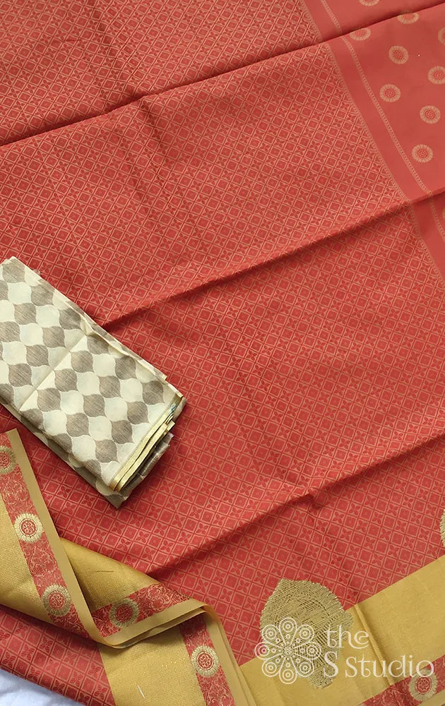 Rust semi kora silk saree with yellow border